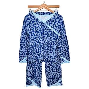 Garnet Hill Asian Wrap Pajama Set SZ Small Organic Cotton Crop Pants Blue Print
